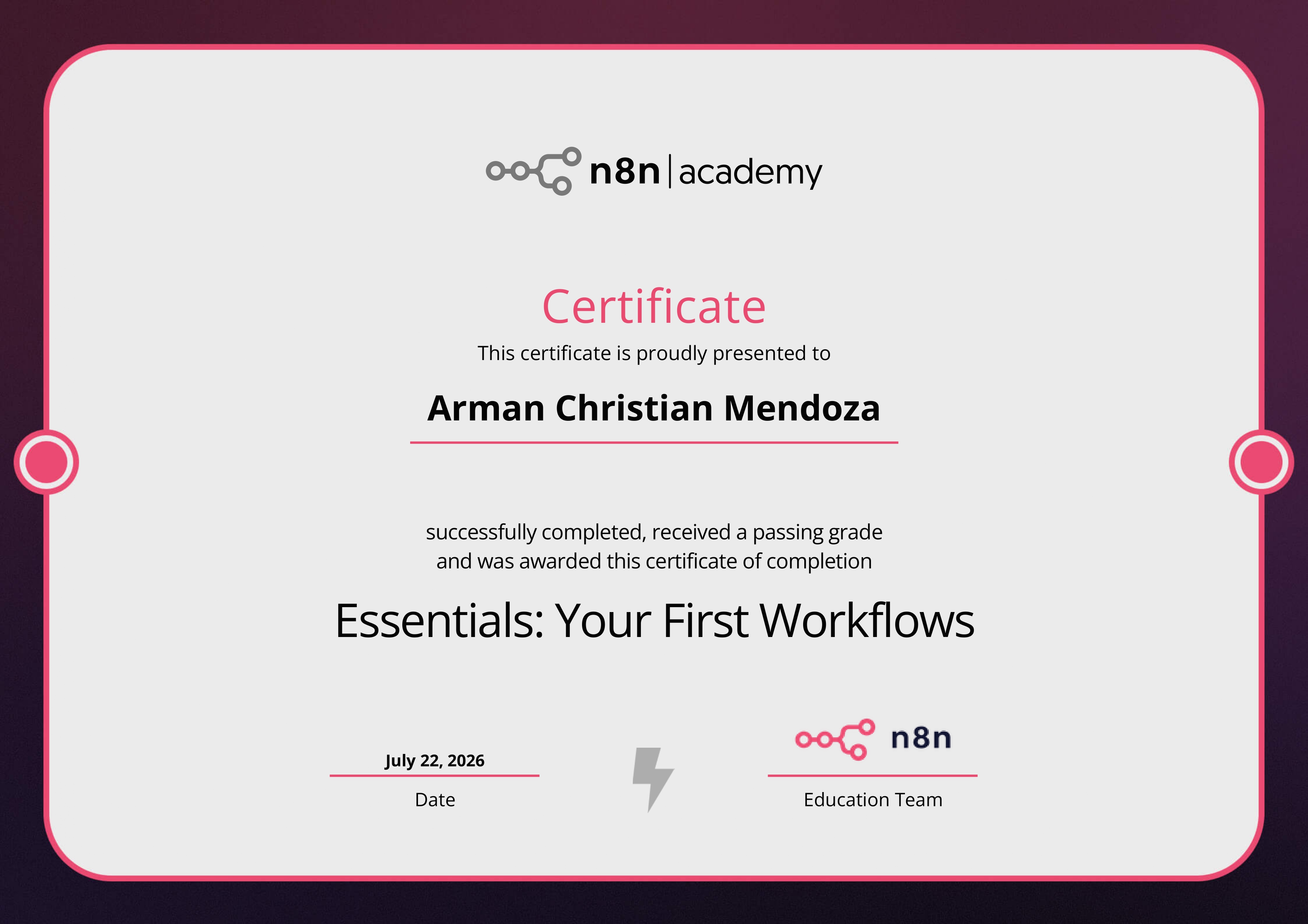 n8n Essentials Workflows Certificate